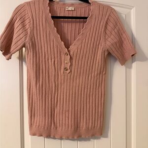 Hem & Thread Pink Ribbed Knit Short Sleeve Sweater L